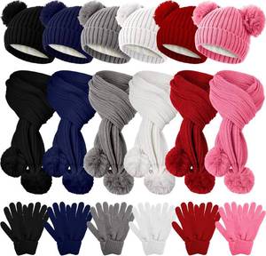 lot 2231 image: 18 Pcs Kids Hat Gloves Scarf Winter Set, 6 Color for 5-10 Girl Boy Knit Beanie with Pom Fleece Neck Warmer Mittens