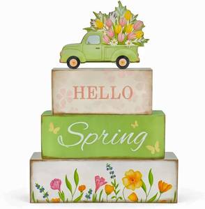 lot 2237 image: Spring Home Decor Indoor, 4 Pcs Farmhouse Wooden Blocks Hello Spring Sign, Pastel Table Top Decor with Flower Truck, Tiered Tray, Fireplace Mantel, Office & Shelf Centerpieces, Seasonal Gift