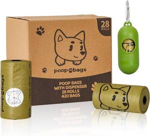 lot 2250 image: 420 Counts Dog Poop Bags Rolls with Dispenser & Leash Clip, Scented Poop Bags for Dogs Waste, Extra Thick & Leak Proof for Poop Doggie Puppy Pet Waste, 9 x 13, Dark Khaki
