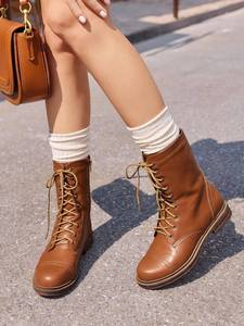 lot 2261 image: Coutgo Womens Mid Calf Combat Boots Low Heel Lace Up Round Toe Military Boots Fall Shoes with Side Zipper Size 7