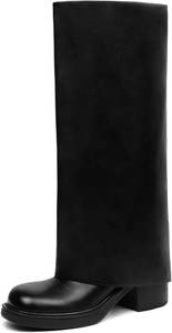 lot 2263 image: Knee High Boots Women Chunky Block Heel Wide Calf Round Toe Tall Long Zipper Fashion Leather Boot Size 7
