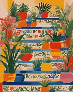 lot 2269 image: BYGFHLYW Colorful Potted Plants Paint by Numbers Kit for Adults Beginners, Mediterranean Staircase Art Print Easy Adult Paint by Number Kits On Canvas for Home Wall Decor 16x20Inch
