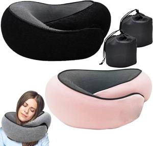 lot 2283 image: RURING Travel Pillows for Airplanes, Travel Neck Pillow Travel Pillow, Neck Pillow Airplane Memory Foam 360 Degree Support Stowable Pillows for Airplanes Offices and Cars 2PCS (Pink  Black)