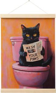 lot 2285 image: EKGJW Funny Black Cat Poster Hanger Frame, Funny Trendy Retro Pink and Orange Black Cat Reading on Toilet Wall Art Canvas Prints for Bathroom Washroom Restroom Decor, 12x16 Inch