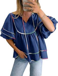 lot 2293 image: Womens Babydoll Tops Summer Short Puff Sleeve Notch V Neck Boho Shirts Loose Peplum Flowy Blouses