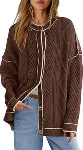 lot 2309 image: ReachMe Womens Cable Knit Oversized Cardigans Button Up Striped Sweater Jackets Fall Casual Outerwear Coats with Pockets, Small
