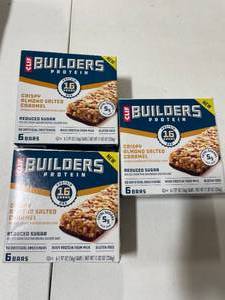 lot 2351 image: 3 Boxes CLIF BUILDERS Protein Bars Crispy Almond Salted Caramel, Reduced Sugar, Gluten Free, 6cteach