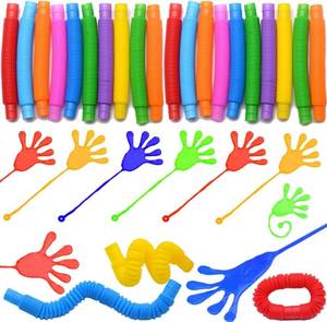 lot 2401 image: VKTEN 56PCS Party Favors for Kids, 28 Pop Tubes and 28 Sticky Hand Toys, Birthday Party Favors, Goodie Bag Stuffers, Classroom Prizes, Treasure Box Toys, Carnival Rewards for Boys and Girls