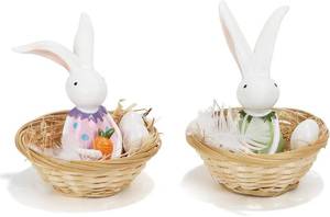 lot 11663 image: SYNCVIBE Easter Bunny Resin Decor Set of 2   Cute Rabbit Figurines in Basket with Eggs, Spring Easter Table Decorations for Home, Farmhouse, Office & Party Centerpiece Tiered Tray Shelf Mantel