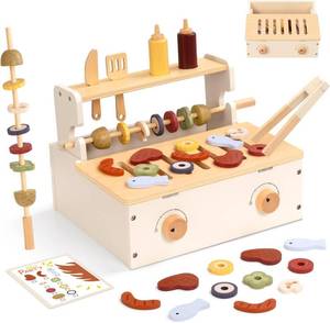 lot 11675 image: OOOK Wooden Kids BBQ Grill Playset, Play Barbecue Toy Grill with 25 PCS Toy Food and Grilling Tools, Play Kitchen Accessories for Toddlers Boys Girls Age 3
