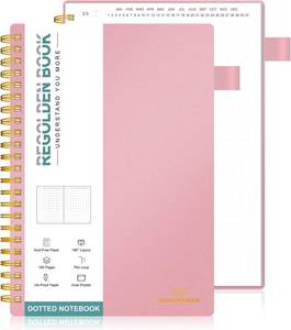 lot 11698 image: Regolden-Book Undated Spiral Dotted Notebook, Medium A5 Grid Journal Notebook, Thick Spiral Notebook with Pen Holder 160 Pages 5.5x8.5, for Men & Women SchoolCollegeWorkOffice (Pink)