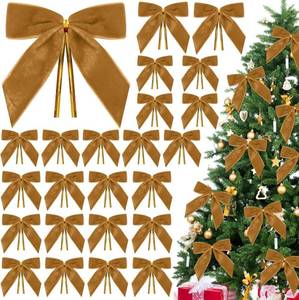 lot 11701 image: 24 Pcs Khaki Small Velvet Christmas Bows for Christmas Tree, Velvet Ribbon Bows Twist Tie Bows with Clip for Wreath, Gift Wrapping, Crafts, Door Garland Decor, Home Decor 1 W,3.5 x 3.5 inch