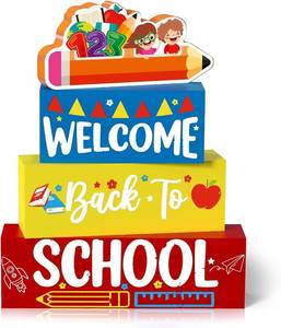 lot 11707 image: Welcome Back to School Table Decorations, 1st Day of School Wooden Block Sign Pencil Centerpieces for Party, The First Day Banner, Classroom Decor for Kids Teacher Desk Gifts, Tiered Tray and TableTop