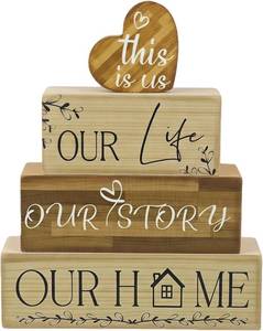 lot 11710 image: 4 Pcs Farmhouse Wooden Heart Tabletop Decor Our Life Story Home Tiered Tray Decor Rustic Wooden Block Signs for Room Kitchen Shelf Mantel Coffee Table