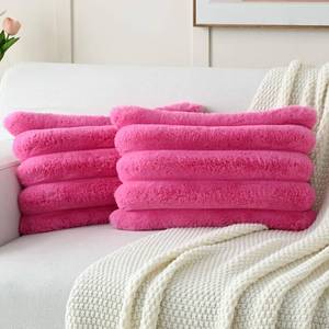 lot 11718 image: FUTEI Hot Pink Decorative Throw Pillow Covers 12x20 Inch Set of 2, Square Soft Faux Rabbit Fur Thick Striped Lumbar Pillow Case,Spring Home Decor for Couch Bed Living Room