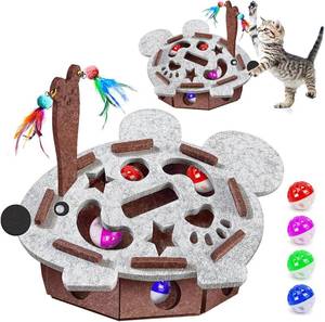 lot 11740 image: Interactive Felt Cat Maze Box with Cartoon Mouse-Shaped Post Puzzle ExerciseHide Seek Moving Toy for Cats, Mental Enrichment Self-Play Toy Encourages Hunting Instincts with 4 Balls