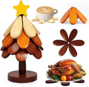 lot 11747 image: Wooden Tree Trivets for Hot Dishes - Set of 4 with Stand, Natural Foldable Kitchen Trivets for Pots, Pans, Bowls & Teapots (Star)