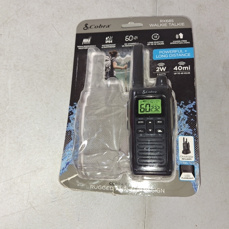 lot 50075 image: Cobra RX685 Walkie Talkies Two-Way Radios, 40-mile Range and 60 Channels with 121 Privacy Codes - IP54 Waterproof &amp NOAA Weather Alerts - INCOMPLETE - ONLY ONE