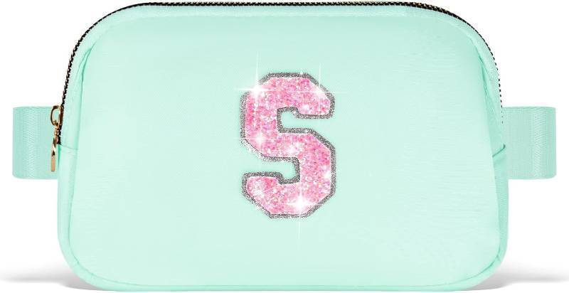 lot 50205 image: Fanny Pack Belt Bag Crossbody Bags with Initials Letter Patch Trendy Stuff for Teens Cute Stuff Birthday Gifts for Teenager Girls  Light Green,Initial S