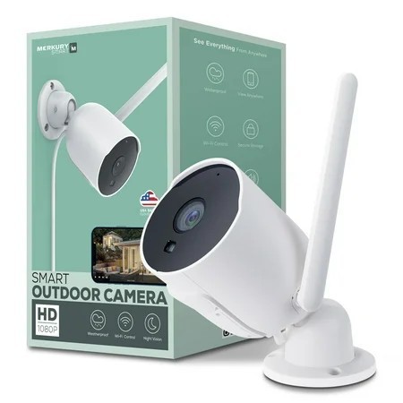 lot 12045 image: Merkury Smart Outdoor Camera 1080p   Weatherproof Security Camera with Night Vision, White (1-Pack)