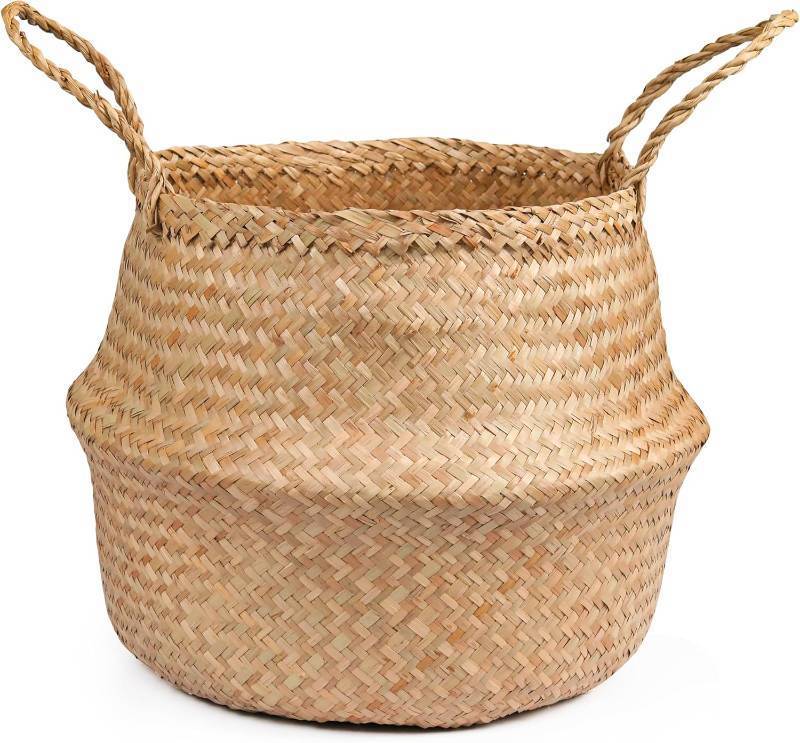 lot 12070 image: Seagrass Plant Basket, Wicker Woven Laundry Basket, Large Wicker Plant Baskets, Seagrass Baskets Planter for Plants Indoor(Unfolded Size 17.72 Diameter x 14.17 Height)