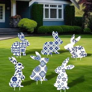 lot 2465 image: AceOrbit 6 Pcs Easter Yard Signs Decorations Outdoor Chinoiserie Bunny Signs with Stakes Blue and White Easter Decor Waterproof Cute Bunny Yard Decor Welcome PVC for Family Home Outside Spring Party