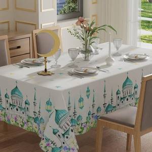 lot 2471 image: XCHI Castle Moons Stars Flowers Ramadan Mubarak Tablecloth Rectangle Table Cloth Table Covers for Indoor Dining Home Party Decorations 60x120 Inch