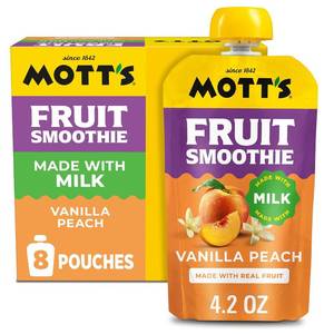 lot 2476 image: Mott s Fruit Smoothies Vanilla Peach, 4.2 oz clear pouches, 8 Pack, Made With Milk, Made With Real Fruit, Good Source of Calcium, On-the-Go