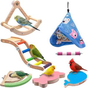 lot 3212 image: 8 PCS Bird Perch Set is Suitable for Small to Medium-Sized Birds, Such as Cockatiels. Its a Cartoon-Style Bird Toy Set That Includes a Climbing Ladder and a Swing.