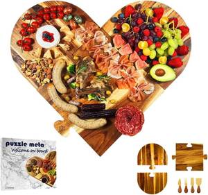 lot 5011 image: Large Charcuterie Board Set - 3 Pieces with Knife Set, Premium Acacia Wood Cheese Boards, Heart Shaped Serving Tray with Gift Box, Wedding & Bridal Shower Gift, Valentines Day Gifts