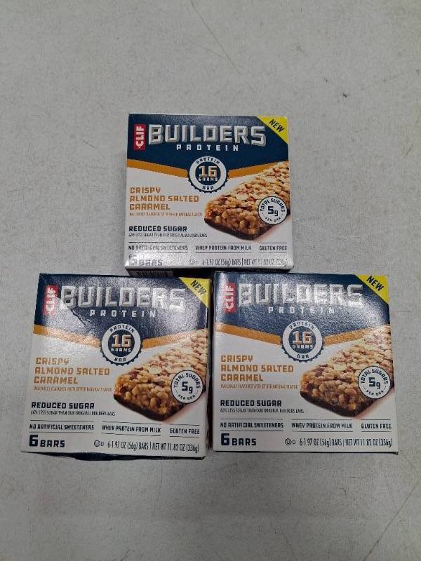 lot 50400 image: THREE BOXES CLIF BUILDERS Protein Bars - Crispy Almond Salted Caramel - Reduced Sugar - Gluten Free - 16g Protein - No Artificial Sweeteners - 1.97 oz. (6 Pack)