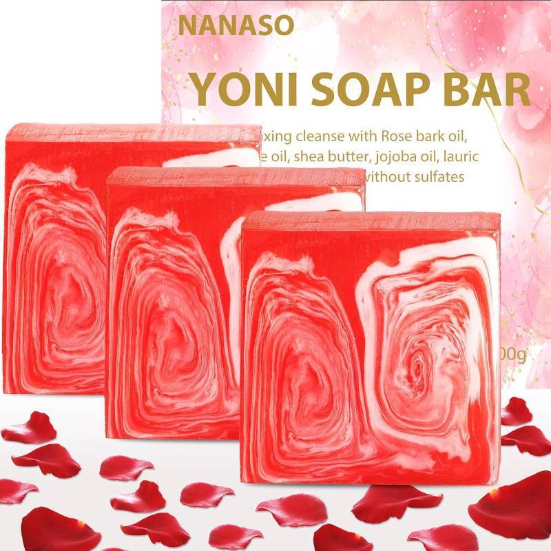 lot 50415 image: NANASO UHBYJM 3 PCS Yoni Soap Bars Feminine Wash,Yoni Wash Eliminates Odor,Yoni Bar Soap for Women ph Balance,Natural Organic Intimate Soap for Vaginal Wash,Yoni Care Soap with Foaming Net(Rose)