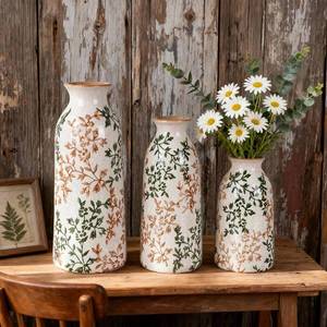 lot 30292 image: Green & Brown Ceramic Decorative Vase Set of 3, Tuscan Rustic Pottery Vase, Farmhouse Table Pampas Grass Vases for Coffee Table Mantel Entryway Wedding Centerpiece, Vintage Floral Vases Tall 9.5in