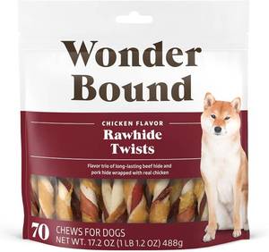 lot 57081 image: Amazon Brand - Wonder Bound Chicken Flavor Dog Rawhide Twist Sticks, 70 Count, 1.08 pound (Pack of 1)
