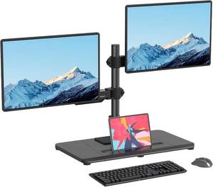 lot 57087 image: Pholiten Dual Monitor Stand with Wooden Base, Gas Spring Height Adjustable Arms, Each Holds 32 Inch Screen up to 22lbs, VESA Mount 75x75100x100mm, TiltSwivelRotate - Ergonomic Desk Mount
