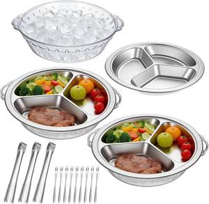 lot 64000 image: MBJZSL 3 Set 11.8 Chilled Serving Tray for Parties with Forks & Tongs, Ice Chilled Party Platter 3 Divided Trays, Stainless Steel Cold Platter for Fruit, Veggies, Seafood, Vegetable, Shrimp Cocktail