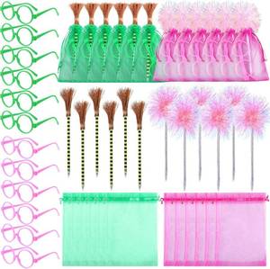 lot 64013 image: Pasimy 36 Pcs Witch and Princess Party Gifts Including 12 Pink Fluffy and Witch Broom Pens 12 Plastic Pink Green Glasses Rose Red Green Goodie Bags for Halloween Princess Cosplay Gift Fillers