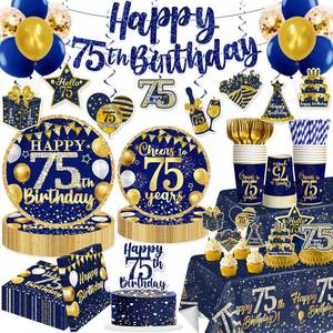 lot 64016 image: 213pcs 75th Birthday Decorations, 50 300gsm Plates 24 Cupcake Toppers Pre threaded Happy 75th Birthday Banner and 2 Waterproof Tablecloths Suitable for 75th Birthday