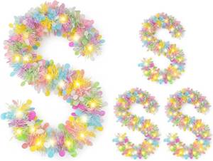 lot 64017 image: 4 Pcs 33ft Easter Tinsel Garlands with LED Lights Colorful Spring Tinsel Twist with Confetti Easter Pastel Garland Decorations for Holiday Mantle Home Window Indoor Outdoor Party Supplies