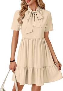 lot 64024 image: Rooscier Womens Bow Tie Neck Short Sleeve Ruffle Tiered A Line Babydoll Swing Mini Dresses SIZE XL
