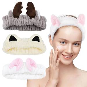 lot 64031 image: 3 PCS Spa Makeup Skincare Headband Soft Stretch Cute Animal Ears Headband for Women Girls Soft Coral Fleece Face Wash Hair Accessories