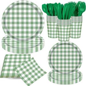 lot 64032 image: 140Pcs Gingham Party Supplies for 20 Guests Thick Paper Plates and Napkins Knives Spoons Forks Cups Disposable Party Set Cutlery for Dinner Baby Shower Wedding Favor - COLOR BLUE &amp WHITE