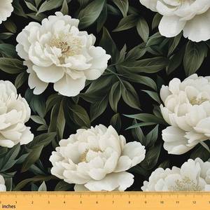 lot 64038 image: White Floral Fabric by The Yard Peony Flowers Waterproof Outdoor Decor for Kids Girls Women Botanical Leaves White Green Garden Vintage Upholstery Fabric for Chairs DIY Art Decor 1 Yard