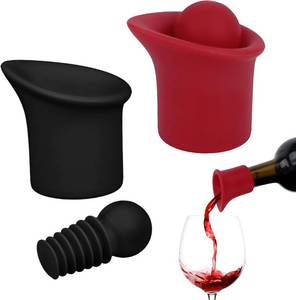 lot 64066 image: 2 Set 2 In 1 Silicone Wine Bottle Stoppers & Pourers, Wine Spout Sealer Preserver Glass Champagne Caps with Vacuum Reusable & Easy to Clean Home Bar Restaurant Accessories(Black, Red)