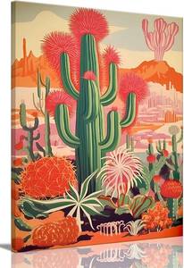 lot 64082 image: KISSFOX Framed Mexican Canvas Wall Art Cactus Desert Plant Poster Prints Vintage Green Pink Orange Botanical Floral Painting Colorful Southwestern Rustic Picture Decor Living Room Bathroom Bedroom (Orange Cactus Ball, 12x16 Canvas)
