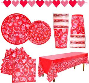 lot 64096 image: Gatherfun Valentines Day Party Supplies Hot Heart Love Disposable Paper Plates Napkins Cups plastic Tablecloth with Banner for Valentines Day, Engagements, Anniversary, Birthday Party Serve 25
