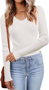 lot 64122 image: LUXVEER Womens V Neck Scalloped Sweaters Long Sleeve Ligheweight Shirts 2026 Fall Fashion Knitted Tops SIZE S