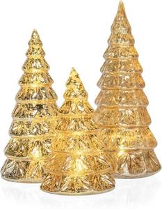 lot 64125 image: Red Co. 9 , 7.5 , 6  Light-Up Glass Christmas Tree Tabletop Display Figurine Set of 3 Sizes, Mercury Gold