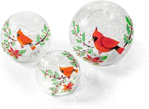 lot 64127 image: Red Co. Set of 3 (6 , 5 , 4 ) Clear Glass Light-Up Decorative Tabletop Christmas Ball Figurine with LED Lights, Cardinal Bird