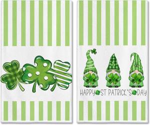 lot 64128 image: Hexagram St Patricks Day Kitchen Towels Sets of 2, Green Strip Hand Towel for Bathroom 18x28 Inch, St Patricks Day Decor, Gnome Dish Towels